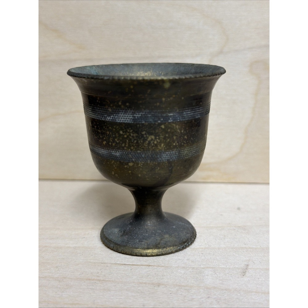 Vintage‎ Brass Chalice Goblet With 3 Etched Bands Around Outside Edge Heavy